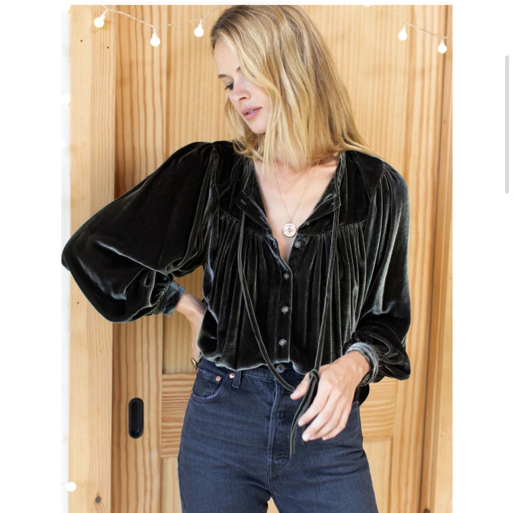 Emerson Fry Poet Velvet Blouse, NWOT, Size XXS, Black/Charcoal Grey